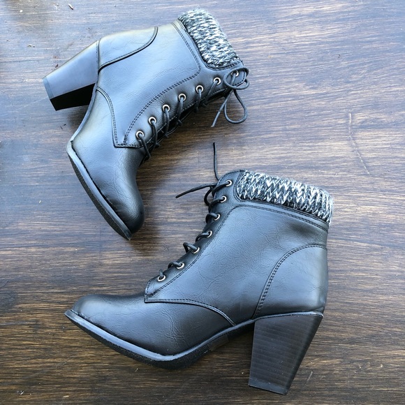 Black Lace Up Combat Bootie Chunky Heel Knit Ankle - Picture 6 of 6